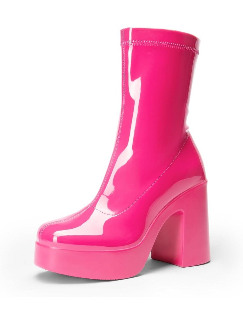Women's Hot Pink Square Toe High Chunky Block Heel Platform Casual Ankle Booties